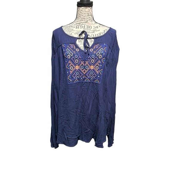 Mossino Navy Embroidered Front Long Sleeve Top Womens Plus XXL Boho Cottagecore - Picture 1 of 10